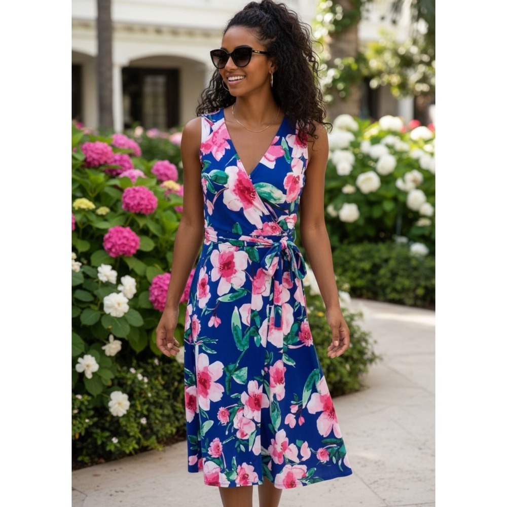 Vince Camuto Womens Blue Pink Floral Faux Wrap Midi‎ Dress Size 6 Sleeveless NWT